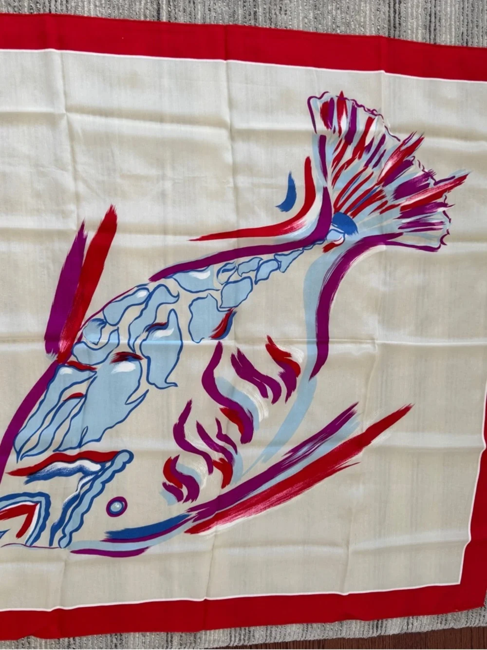 Vintage Anne Klein for Vera White Silk Fish Print   Scarf 34”